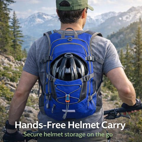 Hydration Backpack 18L With Upgraded 3L Leak-Proof Bladder For Running, Hiking, And Cycling in use, helmet stored, mountain backdrop