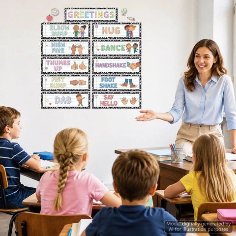 15 Piece Classroom Rules Posters And Greeting Cards Set for back to school decor in classroom with students and teacher.