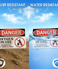 Rock Solid Oxygen In Use Safety Signs With No Smoking Warning 10X7 Inch Rust Free Aluminum Wall Placards in dust and water resistant environments.