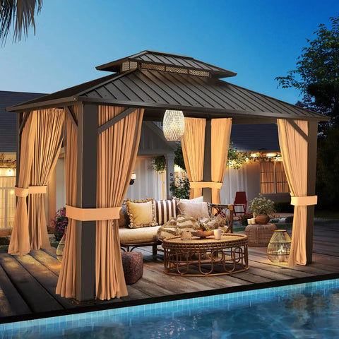 10x12 Hardtop Gazebo With Galvanized Steel Double Roof And Aluminum Frame, Outdoor Pavilion With Netting And Curtains by pool