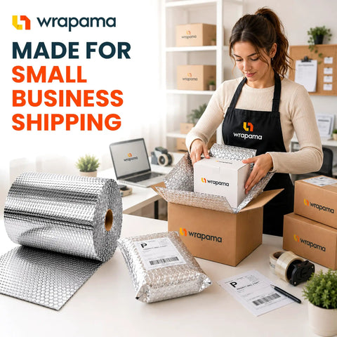 Woman packing box with Pro Grade Double Bubble Foil Insulation Roll With Heavy Duty Reflective Radiant Barrier For Straight Up Thermal Control And Hella Dependable Shipping Protection 12 Inch Wide 125 Feet Long.