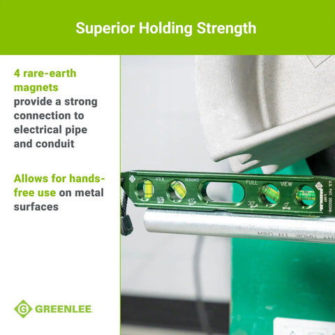 Green Magnetic Torpedo Level For Electricians With Conduit Bending Offset Aid, Four Easy Read Vials, Rare Earth Magnets, Pipe Install Tool