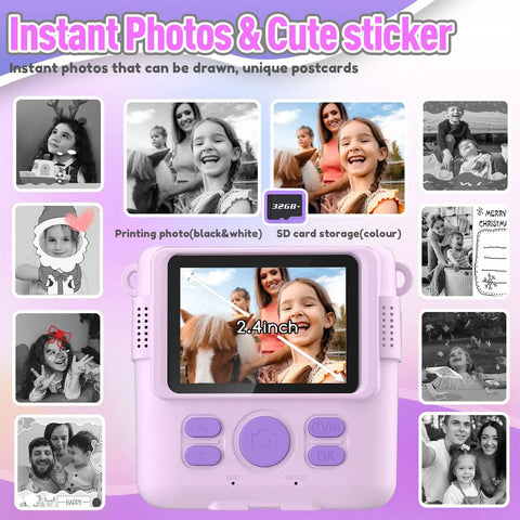 Instant Print Camera For Kids Portable Mini Digital Camera With One Second Black And White Print And Color Photos 15 Scene Filters 16 Effects Totally Fun Gift For Boys And Girls Ages 3 To 12 Purple, 2.4-inch screen