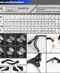 Size chart and components of the Magnetic Eyeglass Repair Kit With Eight Precision Screwdrivers Nose Pads Ear Grips And Tweezers In A Handy Travel Case For Glasses And Sunglasses All In One Fix Tool Set For Quick On The Go Adjustments.