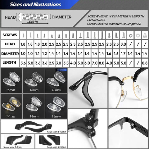 Size chart and components of the Magnetic Eyeglass Repair Kit With Eight Precision Screwdrivers Nose Pads Ear Grips And Tweezers In A Handy Travel Case For Glasses And Sunglasses All In One Fix Tool Set For Quick On The Go Adjustments.