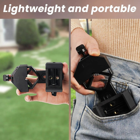 Phone Scope Adapter Mount For Telescopes And Binoculars, Regular Size Fits Most Smartphones, Turn Your Phone Into A Birding Camera, Easy Attach To Monoculars, Spotting Scopes, Or Microscopes For Epic Shots And Videos Through The Eyepiece. Black clamp phone adapter shown handheld and in pocket.