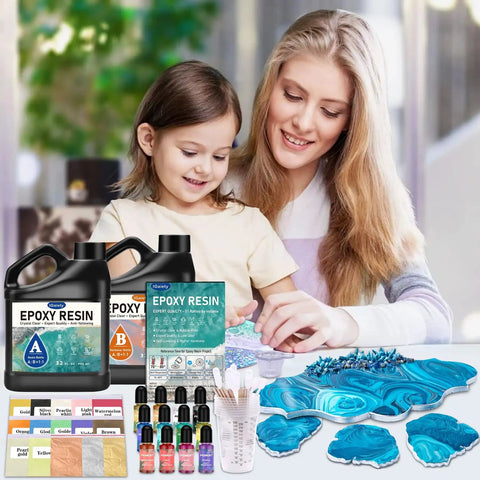 64 Oz Epoxy Resin Kit Two Pack 32 Oz Each Clear Casting And Coating Epoxy for wood table tops and craft projects displayed with tools.