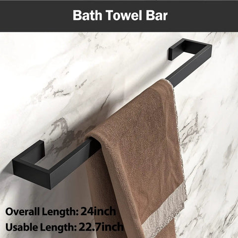 Matte Black 4 Piece Bathroom Hardware Set With 24 Inch Towel Bar And Hand Towel Bar Toilet Paper Holder And Robe Hook 304 Stainless Steel Sleek Durable Upgrade No Brainer; 24 inch black towel bar with towel.