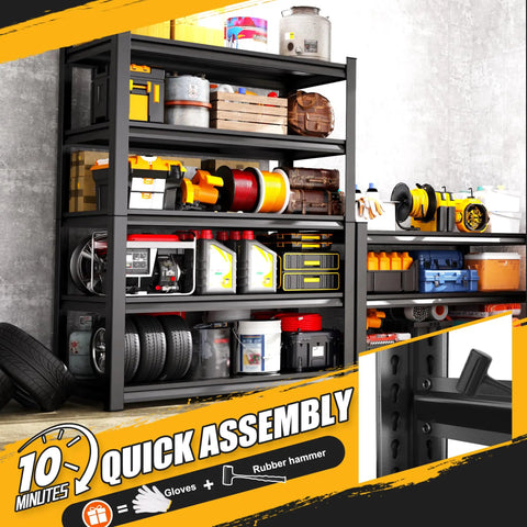 Built Like A Tank Five Tier Garage Shelving Rack With Hefty Steel Build For Boss Level Household Storage adjustable with tools and equipment.