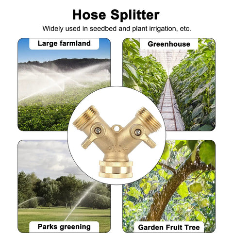 Solid Brass Y Shape Garden Hose Splitter With Leakproof Shut Off Valve For Effortless 2 Way Water Control And Easy Repair Kit Installation On Any Standard Hose, brass Y splitter for farms and gardens