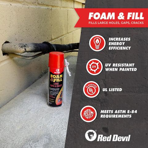 Tough As Nails Expanding Spray Foam Insulation Sealant For Large Gaps And Cracks, 12 Oz Off White Polyurethane Air Blocking Caulk Indoors Outdoors, Dead Simple To Sand And Paint For Quick Fixes next to pipes in a basement.