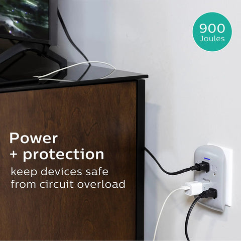 Six Outlet Surge Protector Extender, 900 Joules, 3-Prong Wall Tap with devices plugged in, space-saving design in home setting.