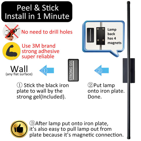 Instructional image showing how to install Easy Peasy Peel And Stick No Drill Setup Sleek Rechargeable Wireless Wall Sconces.