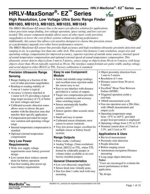 HRLV-MaxSonar EZ Series sensor technical sheet with product specifications and applications for distance measurement