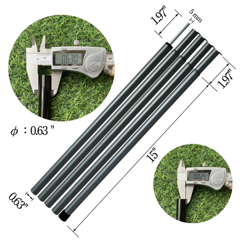 Adjustable Tent Poles For Tarp Canopy Camping, Steel Rods, showing diameter and length measurements on green grass.