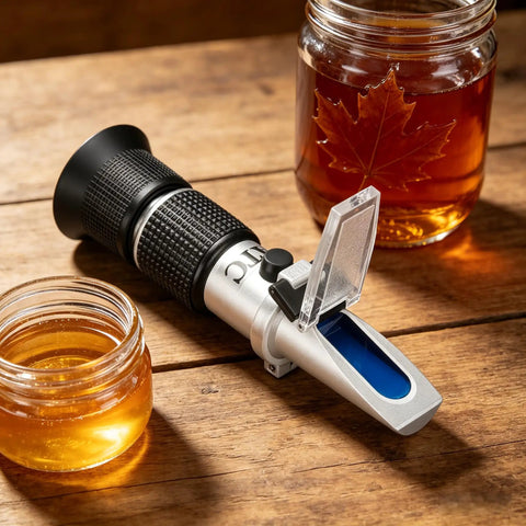3 In 1 Honey Refractometer With ATC For Honey Maple Syrup And Molasses High Precision Sugar Tester Measuring Brix From 58 To 90 Percent Moisture From 12 To 27 Percent And Baume 38 To 43 For Beekeeping on wood table with honey jars