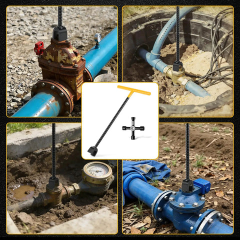 17 Inch Water Meter Key 4 Way Utility Tool With Three Quarter Inch Opening Premium Solid Steel Long Reach Shut Off Key For Deep Buried Valves Mains Easy Turn And Maintenance, showing 4-way valve access
