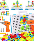 244 Piece Electric Screwdriver Building Kit For Kids 4 To 10 Years Old DIY Construction Blocks With Nuts Bolts Wheels Base Grid