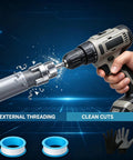 Nifty 4 In 1 PVC Pipe Threader Kit Cuts Threads Taps Grooves And Preps Fittings For 1/2 3/4 And 1 Inch Pipes using a power drill for external threading.