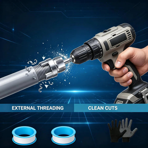 Nifty 4 In 1 PVC Pipe Threader Kit Cuts Threads Taps Grooves And Preps Fittings For 1/2 3/4 And 1 Inch Pipes using a power drill for external threading.