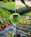 Collage of 6 Inch Landscape Staples Set 11 Gauge Galvanized U Shaped Garden Stakes 100 Pack With Gaskets Hook Tool And Rubber Mallet For Weed Fabric And Landscaping No Fuss Easy Install in various garden setups.