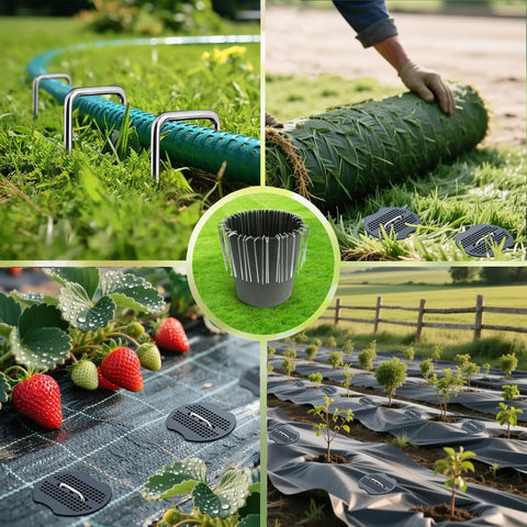 Collage of 6 Inch Landscape Staples Set 11 Gauge Galvanized U Shaped Garden Stakes 100 Pack With Gaskets Hook Tool And Rubber Mallet For Weed Fabric And Landscaping No Fuss Easy Install in various garden setups.