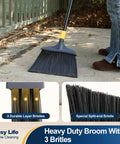 Heavy Duty Outdoor Broom With 54 Inch Reach For Courtyard Garage Lobby Mall Market Floors Pet Hair Debris Rubbish Clean All Purpose Indoor Outdoor Cleaning Tool sweeping pavement with close-up of bristles