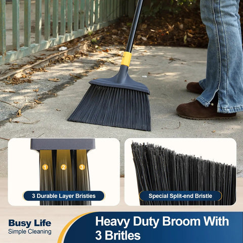 Heavy Duty Outdoor Broom With 54 Inch Reach For Courtyard Garage Lobby Mall Market Floors Pet Hair Debris Rubbish Clean All Purpose Indoor Outdoor Cleaning Tool sweeping pavement with close-up of bristles