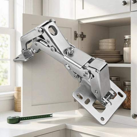 Hydraulic Soft Close Cabinet Hinges 170 Degree Full Overlay for Kitchen Cabinets, shown in silver white, installed on cupboard door.