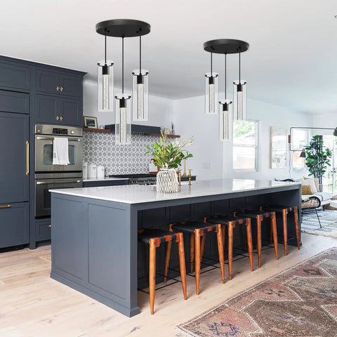 Three Light Kitchen Island Pendant Light With Bubble Glass Shades, Adjustable Linear Pendant Ceiling Fixture For Kitchen Island, Dining Room, Bar And Breakfast Nook, Cool Modern LED Lighting