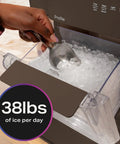 Countertop Nugget Ice Maker With 38 Lbs Daily Capacity And One Gallon Tank showing ice scoop in clear storage bin.