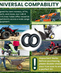 Two Pack 4.80/4.00-8 Inner Tubes With TR87 Angled Valve Stem, Heavy Duty Replacement Tubes For Lawn Mowers, Wheelbarrows, Go Karts And ATVs, Fits 4.80-8 And 4.00-8 Rims with images of compatible equipment like mowers and ATVs
