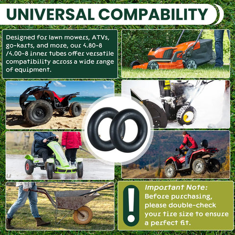 Two Pack 4.80/4.00-8 Inner Tubes With TR87 Angled Valve Stem, Heavy Duty Replacement Tubes For Lawn Mowers, Wheelbarrows, Go Karts And ATVs, Fits 4.80-8 And 4.00-8 Rims with images of compatible equipment like mowers and ATVs