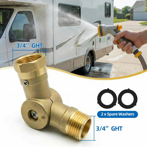 Brass Hose Swivel Connector With 0 to 180 Degree And Full 360 Degree Rotation, Easy Install Garden Hose Elbow For RVs Campers, No Kink Water Flow Booster For Standard 3/4 Inch Pipes, 3/4" GHT, brass with spare washers