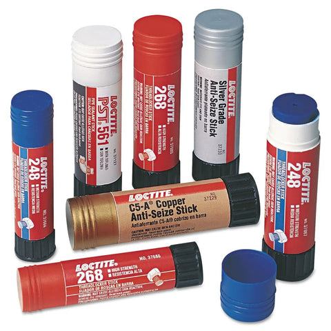Various Loctite threadlocker and sealant sticks, including the Red Quickstix High Strength Threadlocker For Up To Three Quarters Inch Bolts, 9 Gram, NSF 61