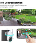 2K PTZ Solar WiFi Security Camera With AI Motion Detection setup in garden, showing mobile control rotation and 360 degree view.
