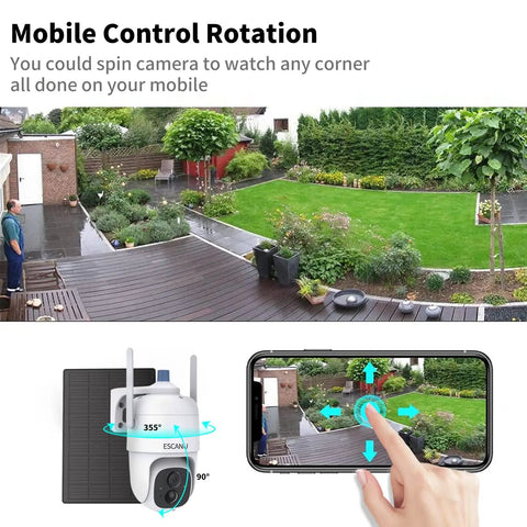 2K PTZ Solar WiFi Security Camera With AI Motion Detection setup in garden, showing mobile control rotation and 360 degree view.