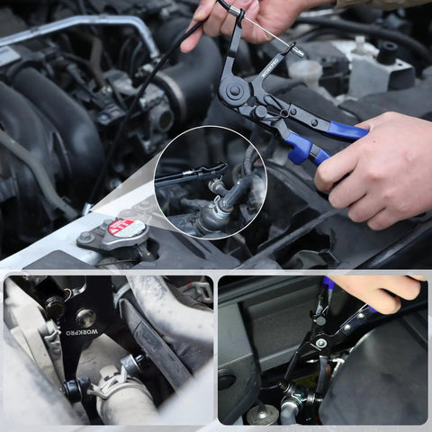 3 Piece Hose Clamp Pliers Set With Pouch Includes Flat Band Angled And Long Reach Wire Spring Clamp Pliers in use on car engine