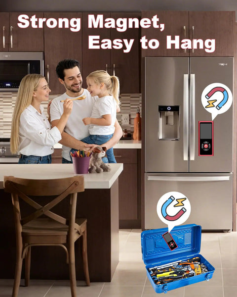 Dual Laser Measuring Tool With 393 Feet Range And 120 Meters, Rechargeable Distance Meter With One Eighth Inch Accuracy, Measures In Feet, Inches, And Meters, Includes Level, Angle Sensor, And Magnetic Back, shown mounted on a refrigerator and metal toolbox