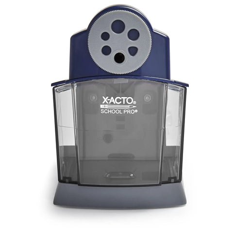 School Pro Classroom Electric Pencil Sharpener With Safe Start And Auto Stop front view in blue with visible gear mechanism