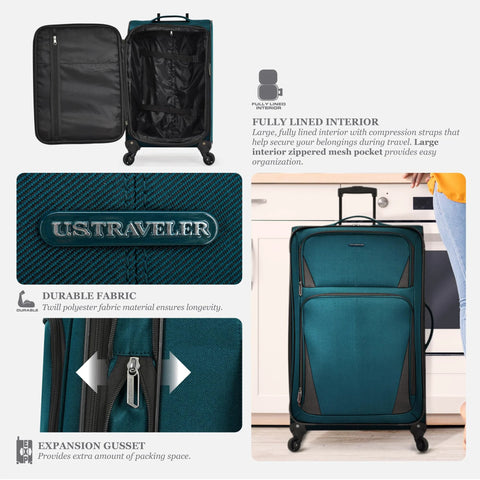 Expandable spinner luggage 31 inch with durable polyester, front pockets, interior compression straps, and two-inch expansion.