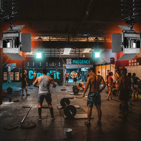 RGB LED Panel Video Light With App Control Two Pack 800D Pro Grade Studio Lighting Kit illuminating a gym with people working out