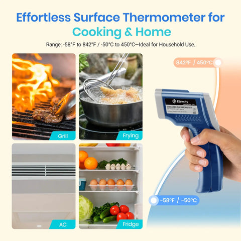 Infrared Thermometer Upgrade 774 Temp Gun For Cooking And Grillin Laser Surface Temp Tool displays range for grill, frying, AC, fridge