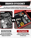 Comparison of tool chest before and after using 46 Piece Toolbox Organizer Tray Divider Set For Tool Chests, Drawers And Workbenches