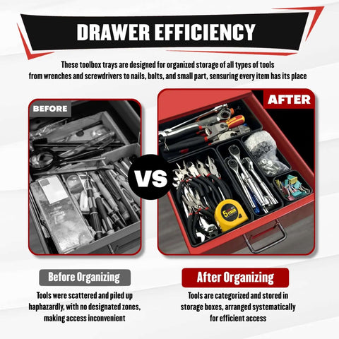 Comparison of tool chest before and after using 46 Piece Toolbox Organizer Tray Divider Set For Tool Chests, Drawers And Workbenches