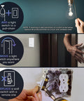 Illustrations and photos of wireless light switch installation steps showing Battery-Free DIY Wireless Light Switch Kit With 150Ft RF Range Self-Powered By Kinetic Energy Remote Controls 1 Receiver For Fixtures And Outlets 5A On Off White.