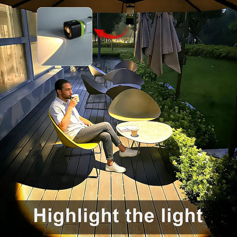 Man sitting on patio at night with 3 Pack 6500K White LED Camping Lanterns Rechargeable 1000 Lumen Each illuminating area