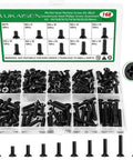 Pro Grade M4 Flat Head Machine Screws Black 168 Piece Heavy Duty Kit in organized storage case, various sizes for electrical use.