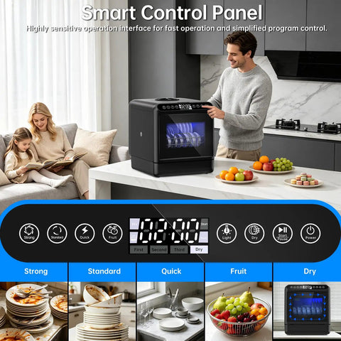 Compact Countertop Dishwasher Portable Unit With Smart Touchpad And 5 Liter Built Tank Ultra Quiet 40 Db Cycle No Sweat Install Cleans Dishes Fast Perfect For Tiny Kitchens Apartments Rv Dorms with smart control panel in modern kitchen.