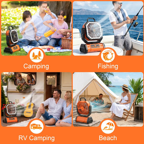 Cordless Camping Fan With 20000mAh Battery, LED Light, Remote, And USB Powerbank in bright orange at campsite, boat, RV, and beach.